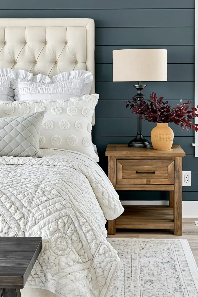 Modern Farmhouse Bedroom Ideas for a Warm, Relaxed Retreat 4 Wooden farmhouse nightstand beside a cream tufted bed, with a dark wood bench, neutral quilted bedding, and burgundy foliage.