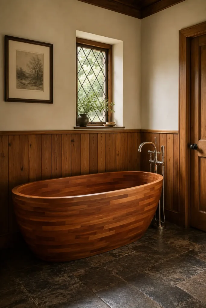 30 Modern Farmhouse Bathroom Decor Ideas for a Warm, Updated Space 28 Traditional farmhouse bathroom with a laminated wood bathtub, honey-toned wainscoting, leaded window, and dark stone floor.