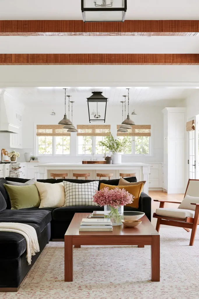 Open concept living room with honey-colored ceiling beams, a charcoal sectional, wooden coffee table, and white kitchen.
