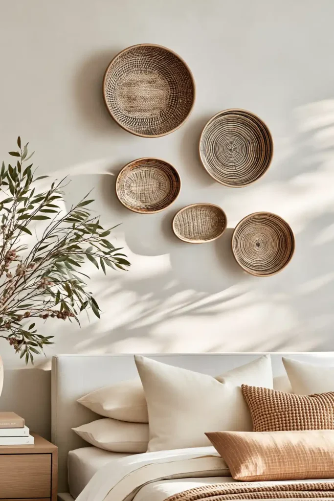 30 Master Bedroom Wall Decor Ideas for a More Personal Space 13 Five natural woven baskets in tan, brown, and black arranged as textured bedroom wall decor.