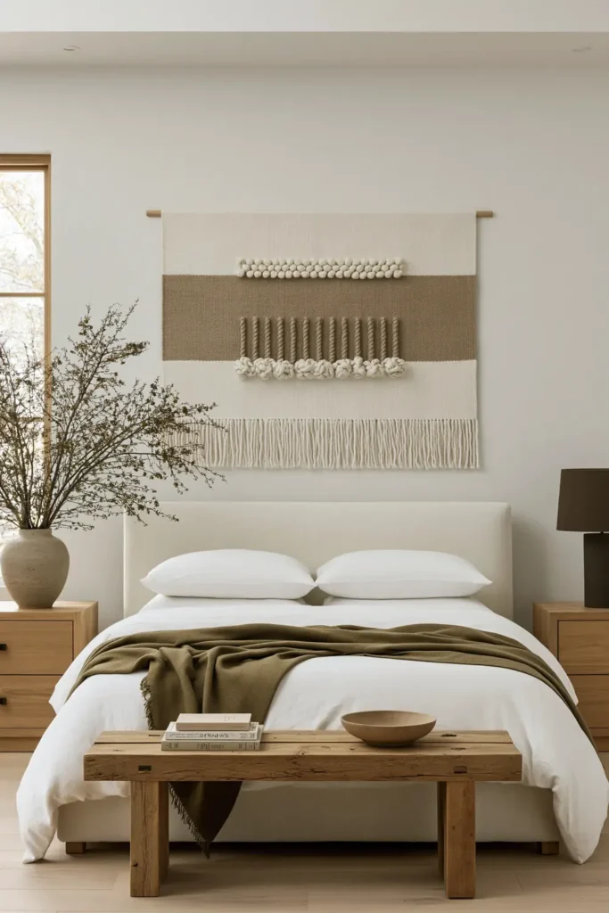 30 Master Bedroom Wall Decor Ideas for a More Personal Space 12 Textured woven wall hanging in cream, taupe, and gray displayed above a neutral upholstered bedroom bed.