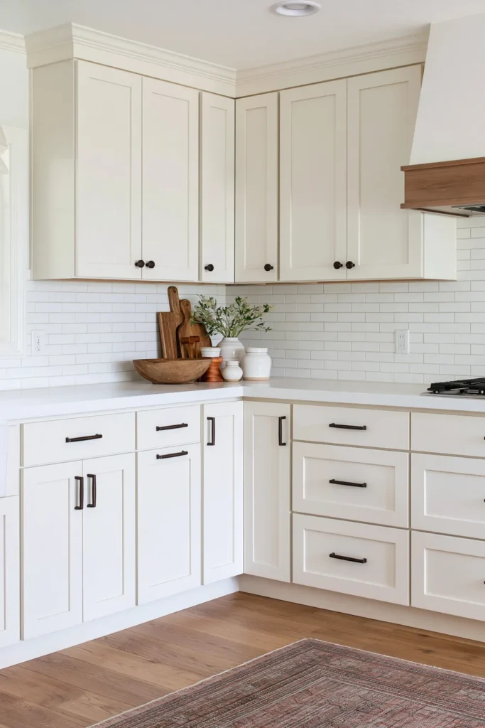 8 Kitchen Corner Cabinet Ideas for Smarter Storage 7 White shaker kitchen cabinets meeting at a simple 90-degree corner with an intentionally unused interior corner space.