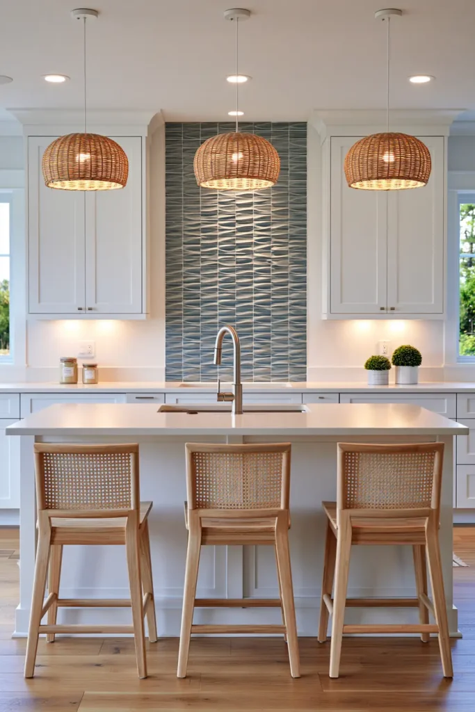 Glass Tile Backsplash Kitchen Ideas for Color, Texture, and Shine 8 White kitchen with aqua 3D wave glass tile, woven rattan pendants, cane-back stools, and a pale island.