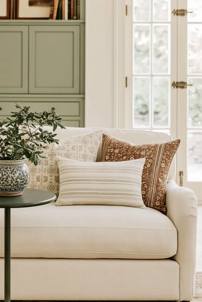 23 Living Room Bookshelf Styling Ideas for a Beautiful, Collected Space 6 Cream and beige patterned seating beside pale sage cabinetry, a small dark table, ceramic planter, leafy greenery, and bright windows.