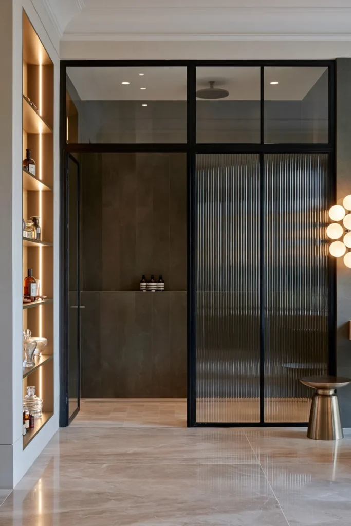 20 Bathroom Shelf Styling Ideas for Beautiful, Practical Storage 6 Dark charcoal bathroom with warm backlit recessed shelves, glass vessels, bottles, and a black-framed glass shower enclosure.