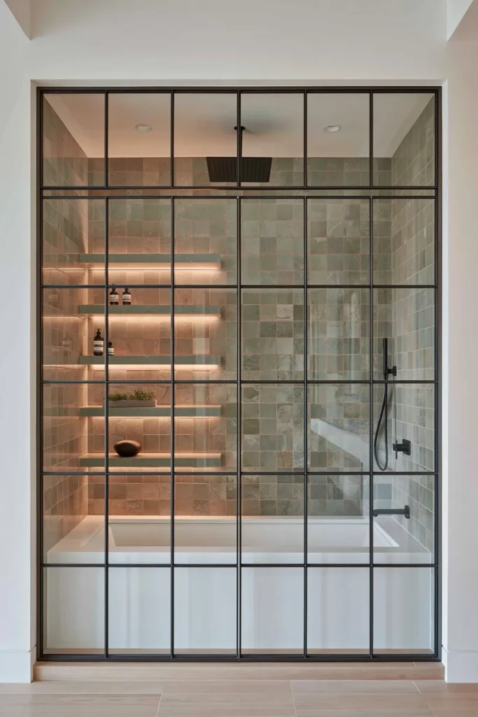 20 Bathroom Shelf Styling Ideas for Beautiful, Practical Storage 14 Green stone shower with matching horizontal shelves, warm integrated lighting, small bottles, greenery, and black shower fixtures.