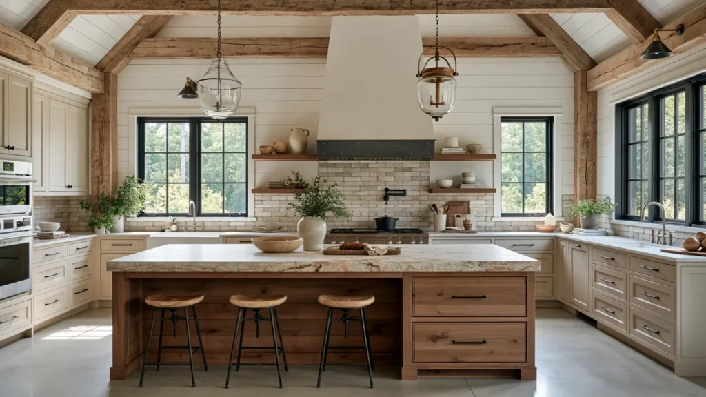 29 Barndominium Kitchen Designs for Rustic, Modern, and Timeless Spaces 31 Warm barndominium kitchen with exposed wood beams, a pale stone island, black-framed windows, natural wood finishes, and rustic modern details.