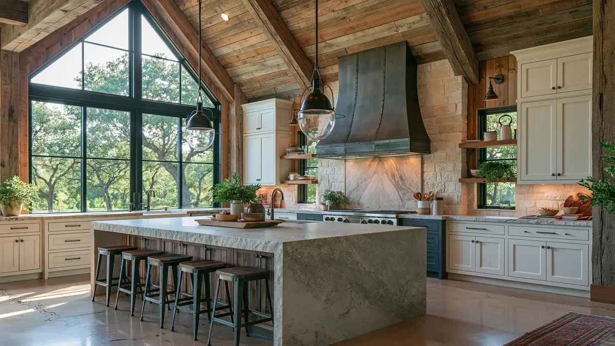 29 Barndominium Kitchen Designs for Rustic, Modern, and Timeless Spaces 1 Spacious barndominium kitchen with a stone waterfall island, exposed wood beams, black-framed windows, and rustic modern finishes.
