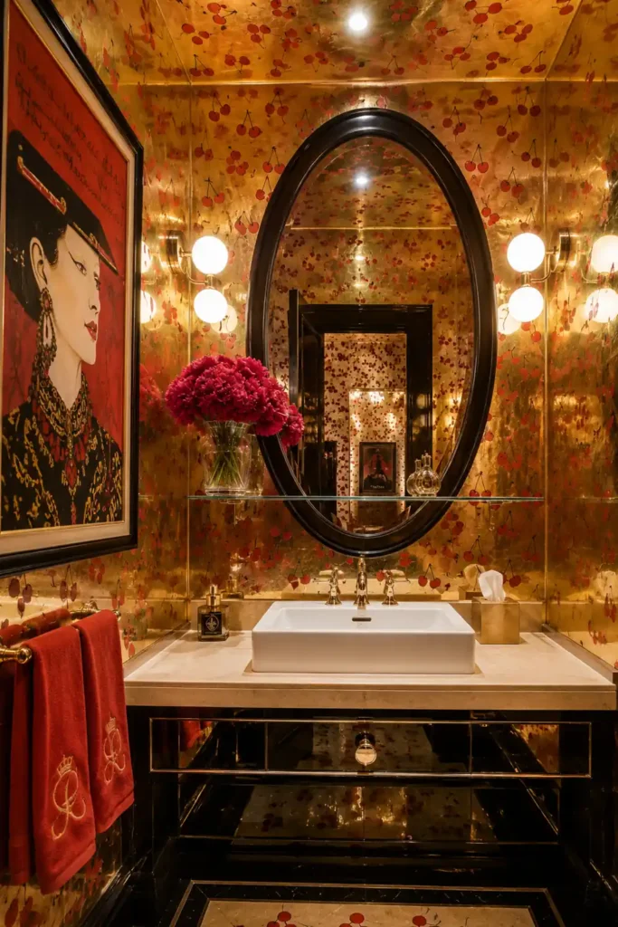 20 Bathroom Shelf Styling Ideas for Beautiful, Practical Storage 13 Reflective powder room with an oval mirror, slim shelf, deep pink-red flowers, gold-toned walls, red motif, artwork, and red towels.