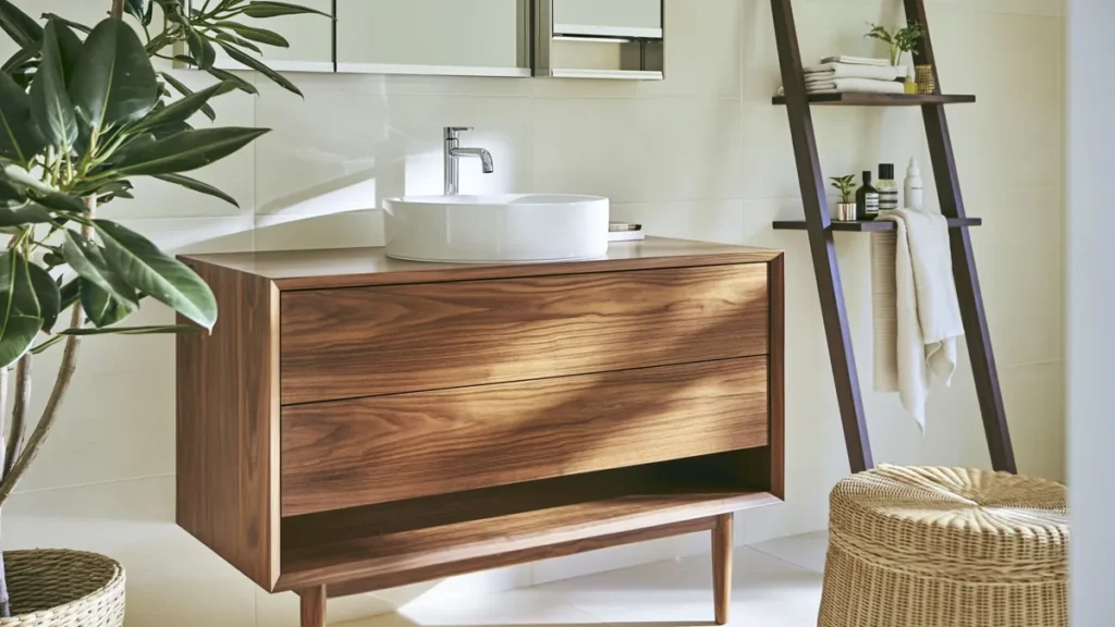 20 Bathroom Shelf Styling Ideas for Beautiful, Practical Storage 22 Warm bathroom with a wood vanity, ladder-style shelving, folded white towels, small bottles, leafy plants, and a woven storage hamper.
Bathroom Shelf Styling Ideas