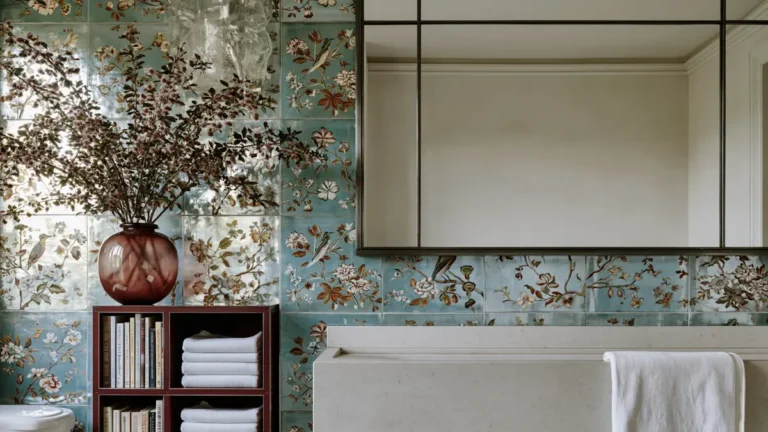 20 Bathroom Shelf Styling Ideas for Beautiful, Practical Storage 2 Turquoise floral bathroom with open dark wood shelving, folded white towels, leafy branches, a pale stone sink, and a large wall mirror.
