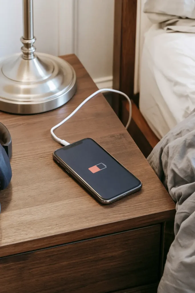 How to Style a Guest Bedroom Like a Hotel: 9 Thoughtful Details 9 Smartphone connected to a white bedside charger on a wooden table beside gray bedding.