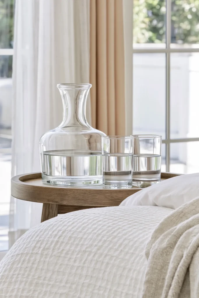 How to Style a Guest Bedroom Like a Hotel: 9 Thoughtful Details 8 Clear water carafe and drinking glasses arranged on a hotel-style guest bedroom bedside table.