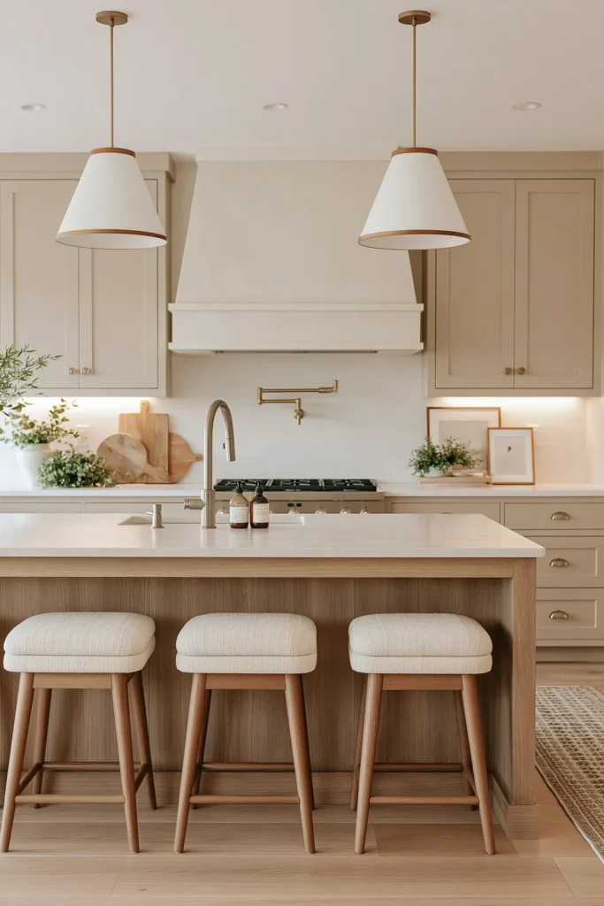 21 Stylish Beige Kitchen Cabinet Ideas for a Warm, Timeless Kitchen 4 Beige shaker kitchen cabinets with warm metallic hardware, brass pot filler, curved metal faucet, pale stone island, cream stools, and white pendant lights.