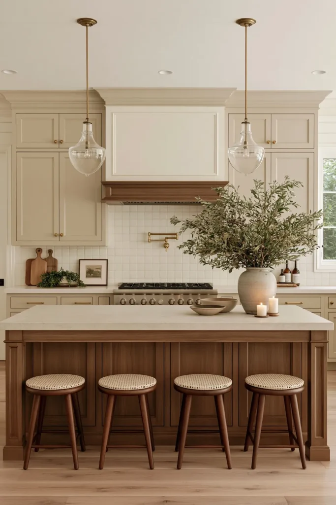 21 Stylish Beige Kitchen Cabinet Ideas for a Warm, Timeless Kitchen 18 Beige shaker kitchen with warm brass accents, a wood island, woven stools, clear glass pendants, plaster hood, and pale stone countertop.