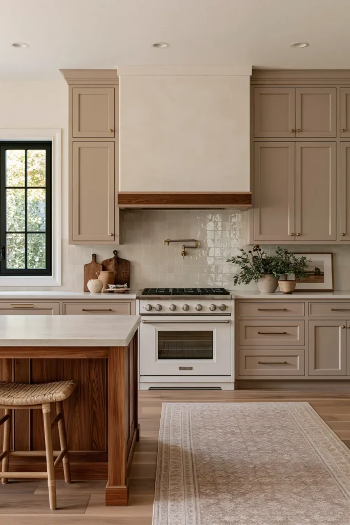 21 Stylish Beige Kitchen Cabinet Ideas for a Warm, Timeless Kitchen 14 Beige kitchen cabinets with creamy white walls, pale plaster hood, warm wood island, brass pot filler, woven stool, and black-framed window.