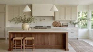 Warm beige kitchen cabinets with a wood island, pale stone countertop, woven stools, white pendant lights, brass pot filler, leafy branches, and a vintage runner rug.