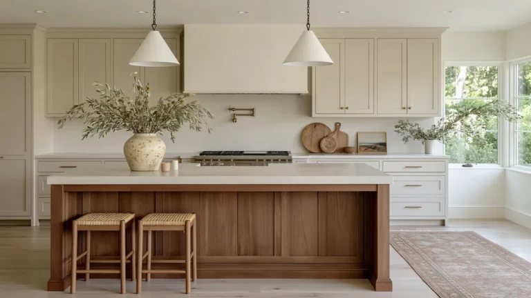 21 Stylish Beige Kitchen Cabinet Ideas for a Warm, Timeless Kitchen 7 Warm beige kitchen cabinets with a wood island, pale stone countertop, woven stools, white pendant lights, brass pot filler, leafy branches, and a vintage runner rug.