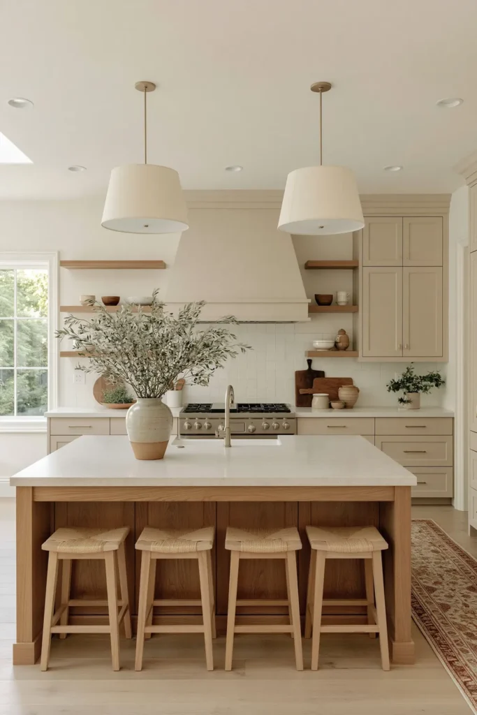 21 Stylish Beige Kitchen Cabinet Ideas for a Warm, Timeless Kitchen 3 Beige kitchen cabinets paired with a warm white oak island, pale stone countertop, woven-seat stools, cream pendant lights, open shelves, and vintage runner rug.