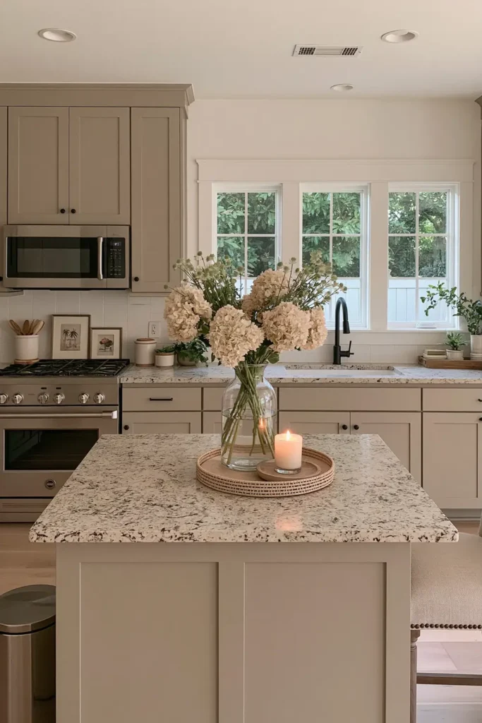 21 Stylish Beige Kitchen Cabinet Ideas for a Warm, Timeless Kitchen 19 Beige kitchen with a styled granite island, hydrangea-like flowers, candle on a woven tray, utensil crocks, framed art, plants, and stainless appliances.