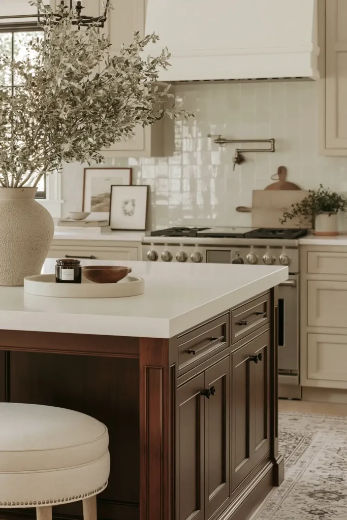 21 Stylish Beige Kitchen Cabinet Ideas for a Warm, Timeless Kitchen 15 Beige kitchen with a dark warm wood island, thick creamy stone countertop, upholstered stool, leafy branches, tray decor, and softly blurred cabinetry.