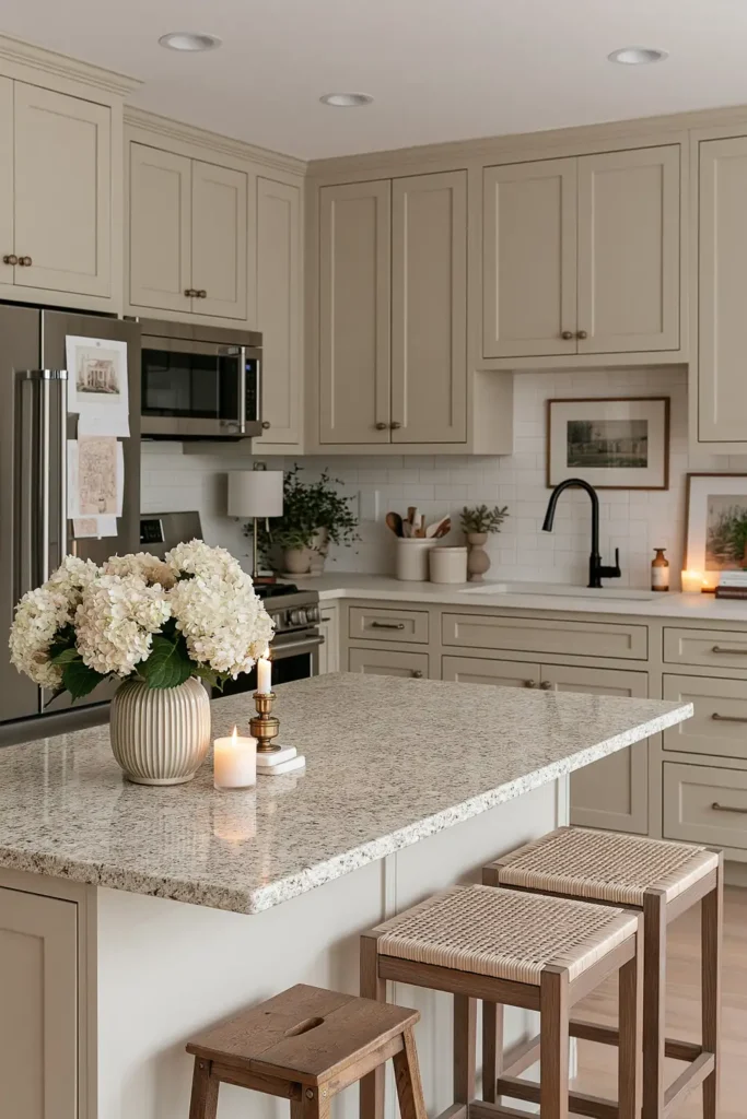 21 Stylish Beige Kitchen Cabinet Ideas for a Warm, Timeless Kitchen 20 Beige kitchen with pale flowers, green plants, woven wood stools, a speckled granite island, stainless appliances, and warm everyday styling.