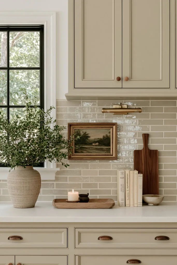 21 Stylish Beige Kitchen Cabinet Ideas for a Warm, Timeless Kitchen 21 Beige kitchen counter vignette with a gold-framed landscape painting, brass picture light, leafy branches, wood cutting board, candle, books, and warm metallic hardware.
