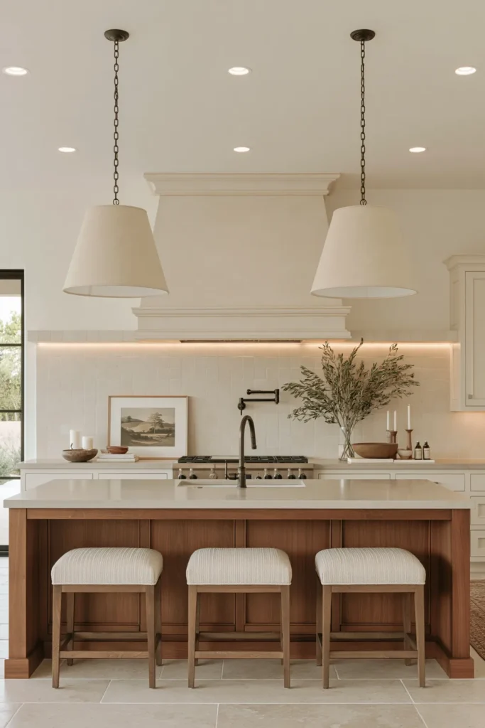 21 Stylish Beige Kitchen Cabinet Ideas for a Warm, Timeless Kitchen 13 Warm beige kitchen with large pendant lights, recessed ceiling lights, under-cabinet lighting, a wood island, plaster hood, cream stools, and layered decor.