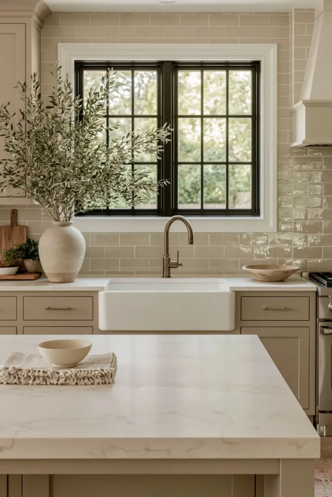 21 Stylish Beige Kitchen Cabinet Ideas for a Warm, Timeless Kitchen 16 Beige kitchen cabinets with a light creamy stone countertop, subtle veining, farmhouse sink, brass-toned faucet, black-framed window, and leafy branches.