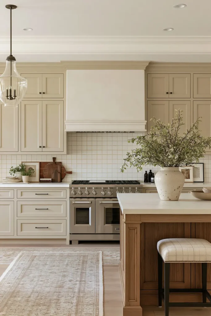 21 Stylish Beige Kitchen Cabinet Ideas for a Warm, Timeless Kitchen 10 Beige shaker kitchen cabinets with matte black knobs, sculptural plaster hood, glass pendant light, warm wood island, greenery, and a faded runner rug.
