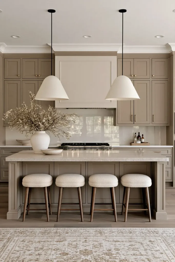 21 Stylish Beige Kitchen Cabinet Ideas for a Warm, Timeless Kitchen 5 Beige kitchen with a pale stone island, four cream upholstered stools, two oversized white dome pendant lights, leafy branches, and a pale vintage-style rug.
