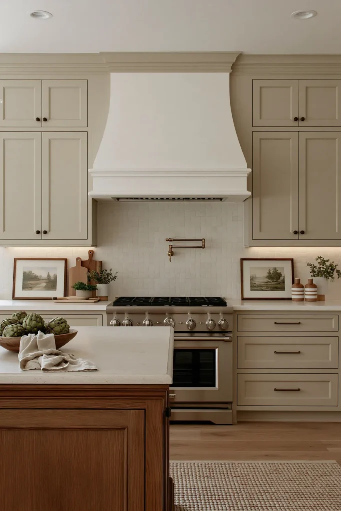 21 Stylish Beige Kitchen Cabinet Ideas for a Warm, Timeless Kitchen 12 Beige shaker kitchen cabinets framing a curved plaster range hood with a brass pot filler, stainless range, warm wood island, artwork, and greenery.