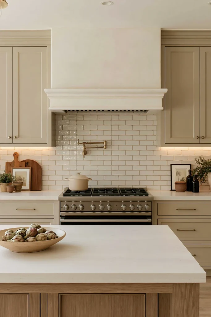 21 Stylish Beige Kitchen Cabinet Ideas for a Warm, Timeless Kitchen 11 Beige kitchen cabinets with a glossy handmade-look textured tile backsplash, pale plaster hood, brass pot filler, wood island, and styled counter details.