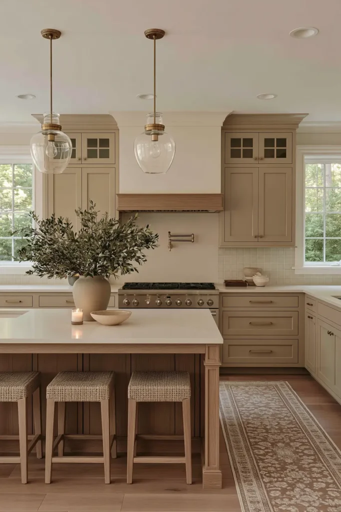 21 Stylish Beige Kitchen Cabinet Ideas for a Warm, Timeless Kitchen 17 Warm beige shaker kitchen with a faded vintage-inspired runner rug, wood island, woven stools, glass pendants, plaster hood, and brass pot filler.