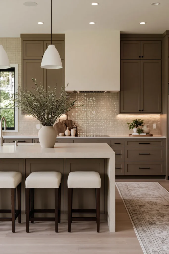 21 Stylish Beige Kitchen Cabinet Ideas for a Warm, Timeless Kitchen 6 Warm beige kitchen with a textured backsplash, pale plaster range hood, stone waterfall island, upholstered stools, pottery, plants, and a faded runner rug.