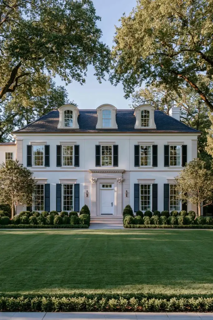 Timeless vs. Trendy Home Decor: 20 Ideas for a Well-Proportioned, Beautiful Home 14 Traditional two-story white house with black shutters, rounded dormer windows, mature trees, clipped shrubs, and a green front lawn.