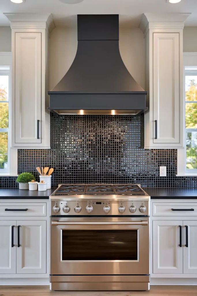 Glass Tile Backsplash Kitchen Ideas for Color, Texture, and Shine 30 Bold kitchen with glossy black glass mosaic backsplash, solid white cabinetry, matte black range hood, and stainless steel range.
