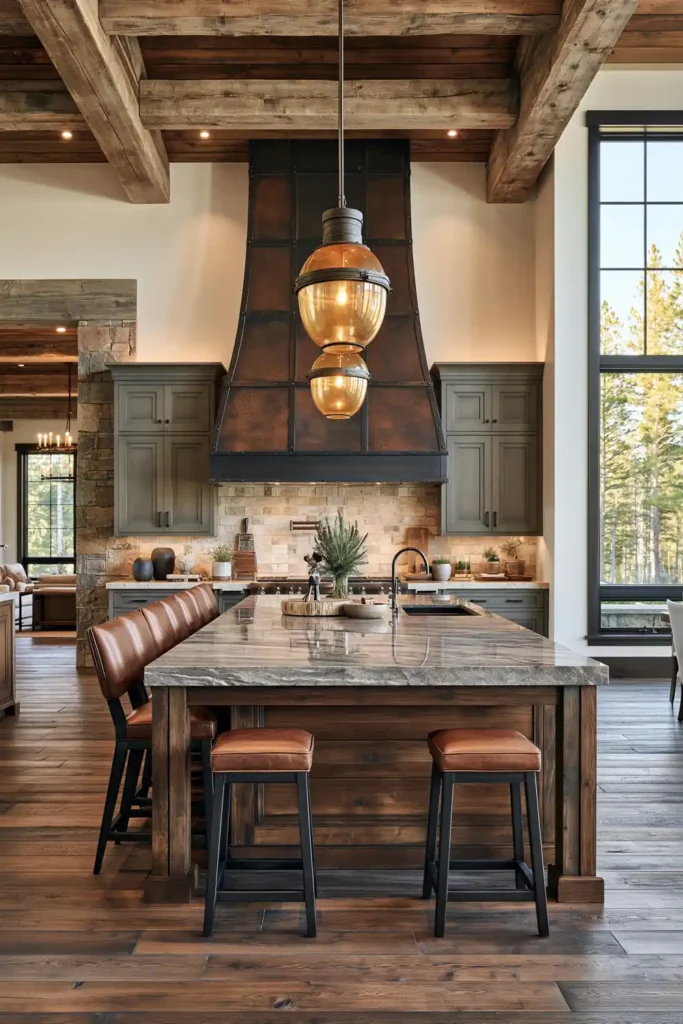29 Rustic Modern Kitchen Designs That Balance Warmth and Clean Style 13 Polished rustic kitchen with a dark wood island, reflective stone counter, brown leather stools, heavy timber beams, and warm amber pendants.