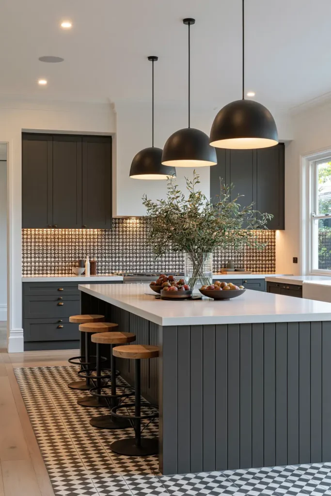 29 Barndominium Kitchen Designs for Rustic, Modern, and Timeless Spaces 9 Black and white barndominium kitchen with matte black cabinets, a paneled island, patterned tile floor, wood-seat stools, and black dome pendants.