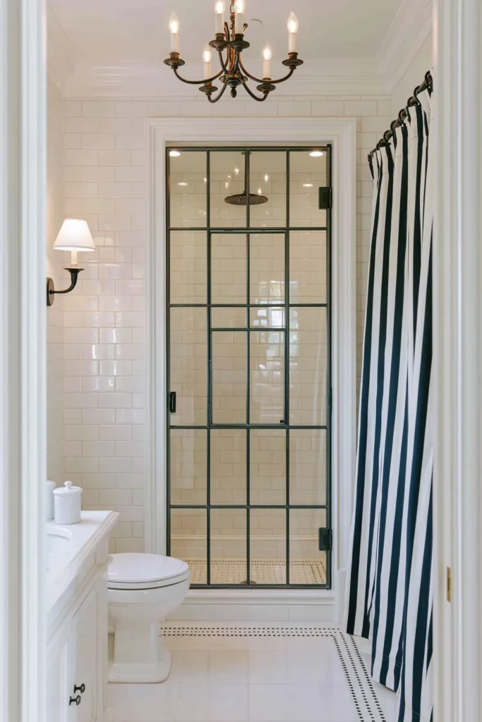 Timeless vs. Trendy Home Decor: 20 Ideas for a Well-Proportioned, Beautiful Home 21 Compact black-and-white bathroom with glossy subway tile, a black grid shower screen, rainfall shower head, wall sconce, and chandelier.