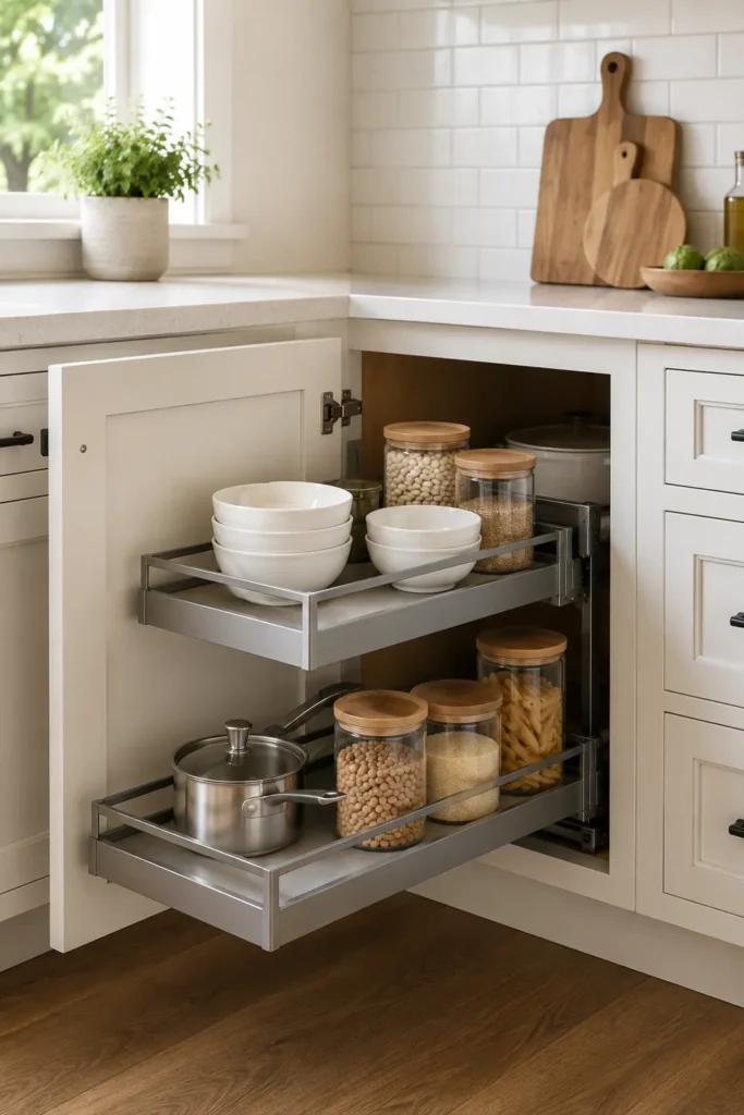8 Kitchen Corner Cabinet Ideas for Smarter Storage 4 Blind corner kitchen cabinet with pull-out shelves extended to reveal organized cookware and pantry storage.