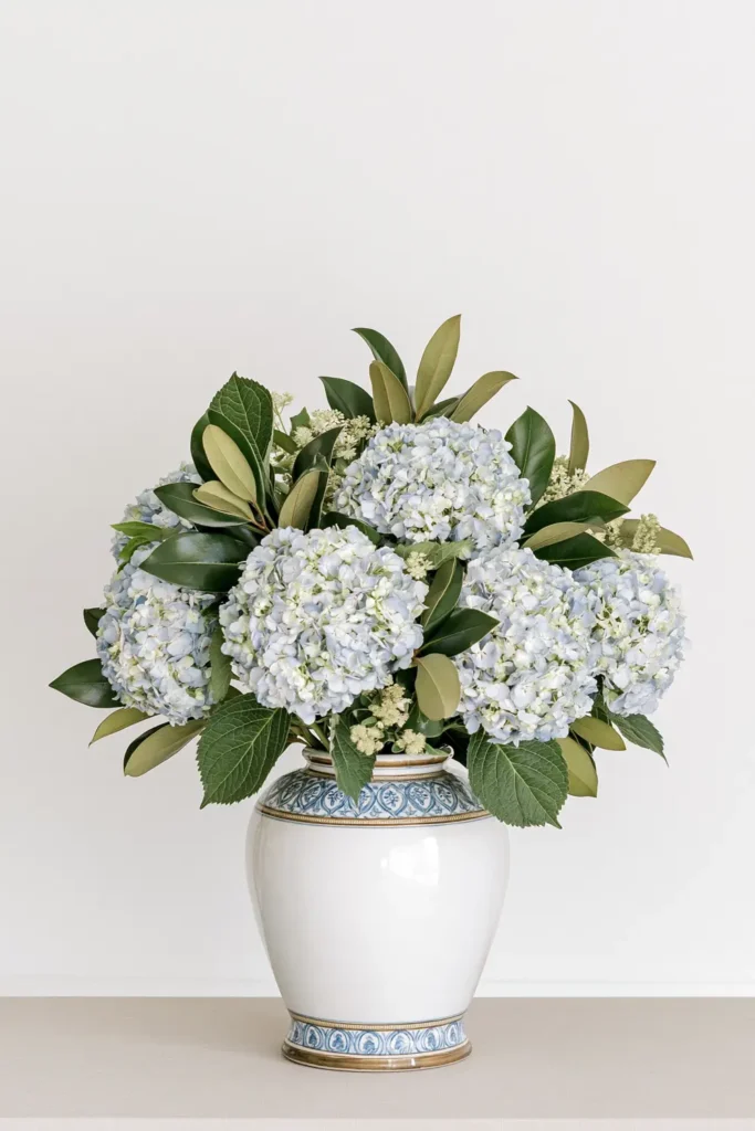 9 Blue and White Kitchen Remodel Ideas with Cozy Gold Accents 10 Blue hydrangea blooms with green leaves arranged in a rounded blue-and-white patterned ceramic vessel against a light neutral background.