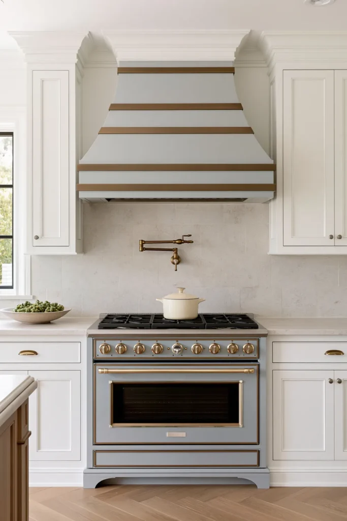 9 Blue and White Kitchen Remodel Ideas with Cozy Gold Accents 2 Blue-gray kitchen range with gold controls beneath a pale blue-gray and gold hood, surrounded by white cabinets and pale stone surfaces.