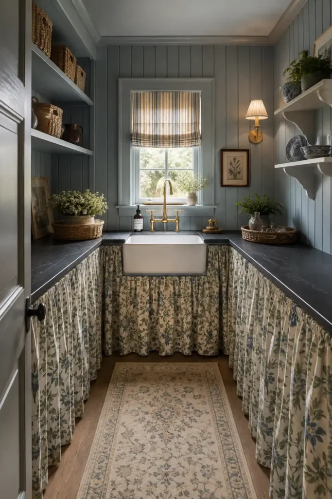15 Butler’s Pantry Ideas for a Stylish, Functional Space 3 Blue-gray butler’s pantry with a white apron-front sink, brass bridge faucet, patterned fabric skirts, open shelves, and woven baskets.
