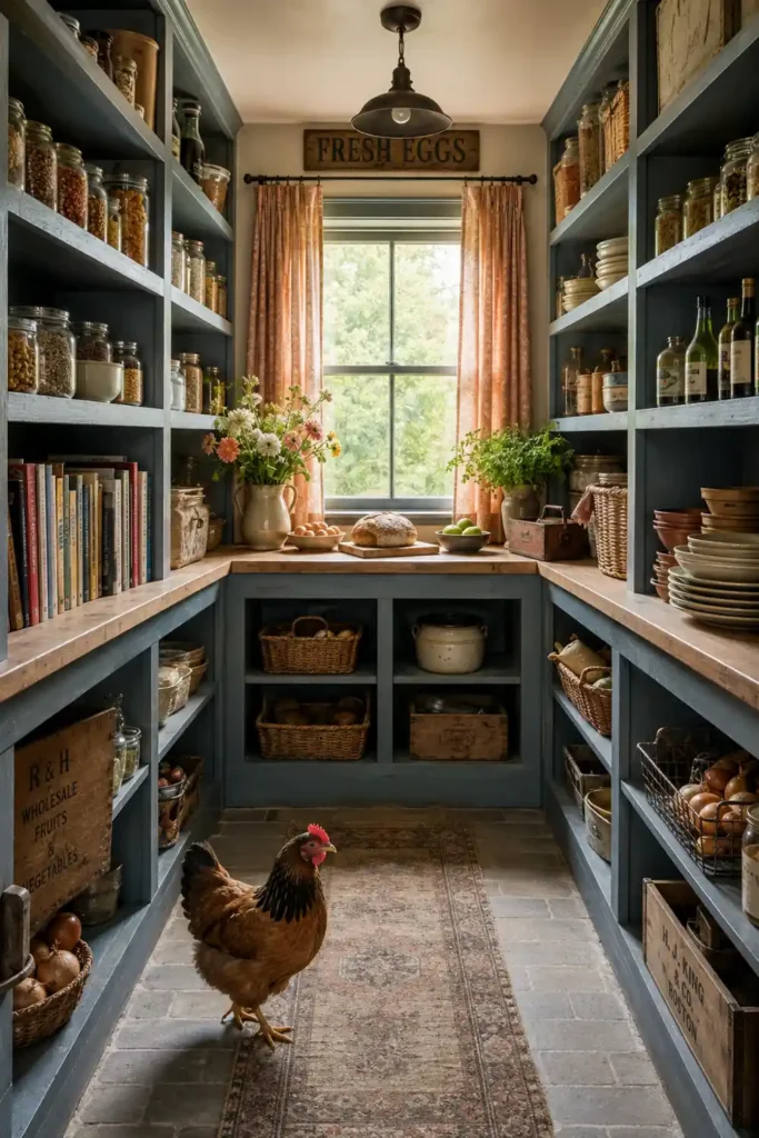 15 Butler’s Pantry Ideas for a Stylish, Functional Space 15 Blue-gray walk-in pantry with built-in shelves, storage cubbies, pantry jars, baskets, a warm wood counter, peach curtains, and a chicken.