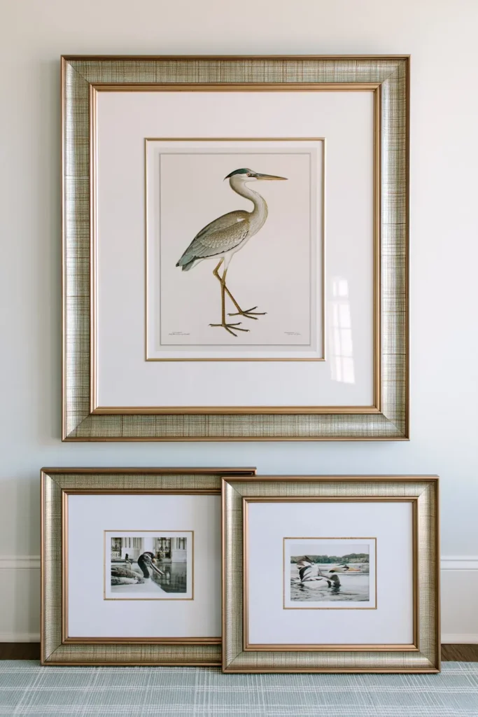 9 Blue and White Kitchen Remodel Ideas with Cozy Gold Accents 9 Three overlapping blue-gray woven-texture picture frames with a bird illustration and black-and-white images against a light background.