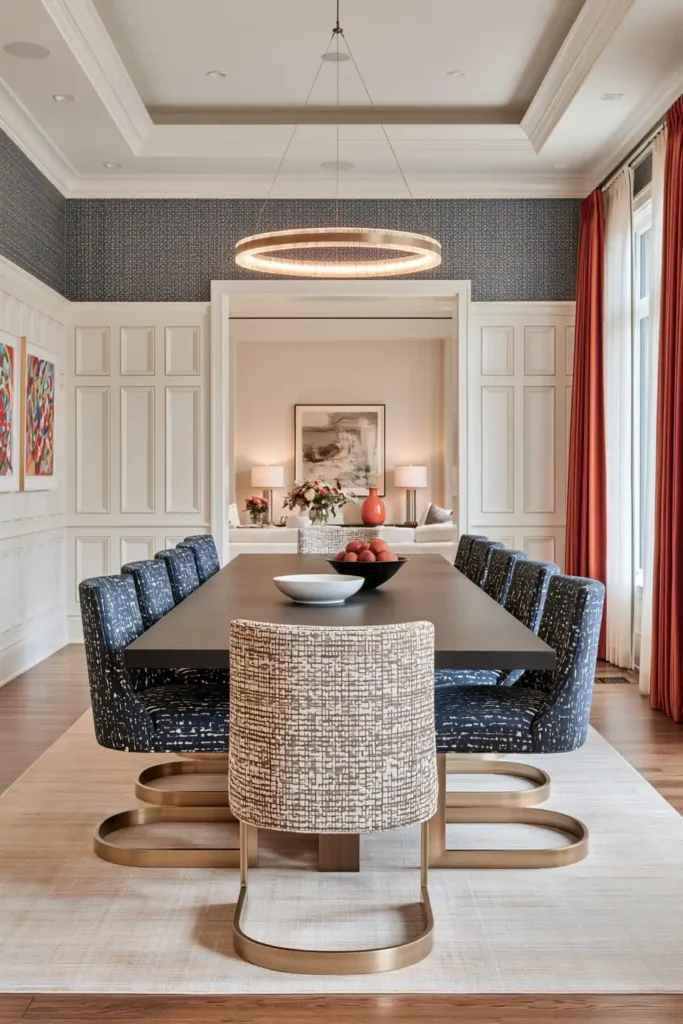 8 Formal Dining Room Ideas That Actually Feel Welcoming 3 Eclectic formal dining room with blue upholstered dining chairs, red-orange curtains, patterned walls, and a circular chandelier.