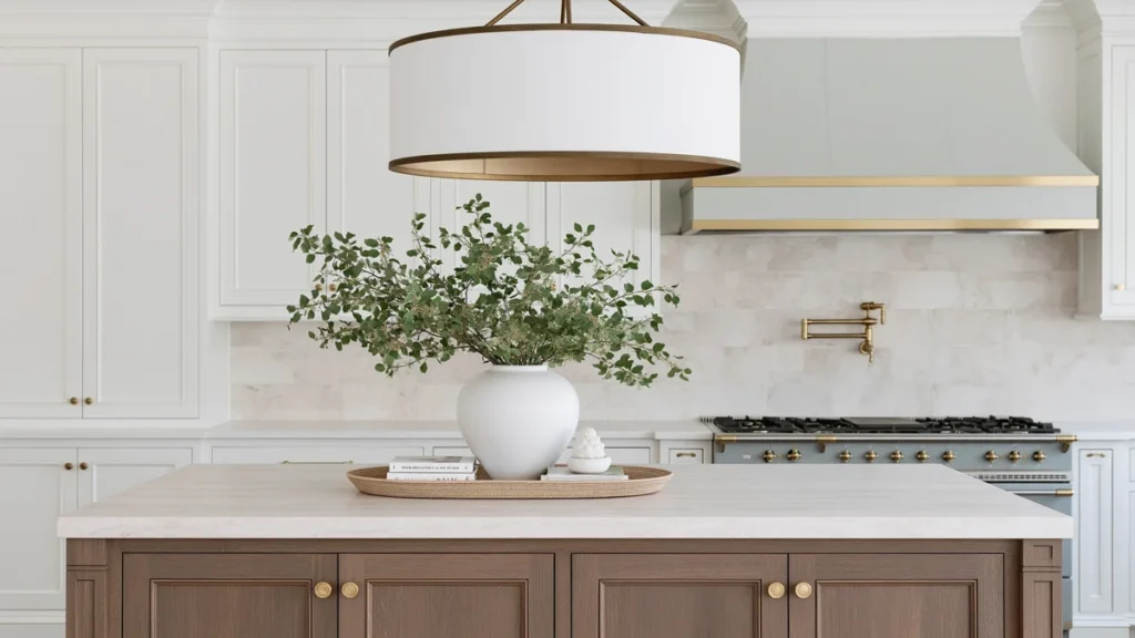 9 Blue and White Kitchen Remodel Ideas with Cozy Gold Accents 11 Blue and White Kitchen Remodel
Warm oak kitchen island with a white vase and greenery, oversized drum pendant, white cabinetry, blue-gray hood, brass pot filler, and blue-gray range with gold details.