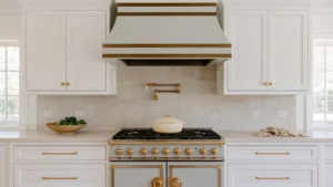 Blue-gray range with gold details, white shaker cabinets, pale stone backsplash, brass pot filler, and matching custom hood in a bright remodeled kitchen.