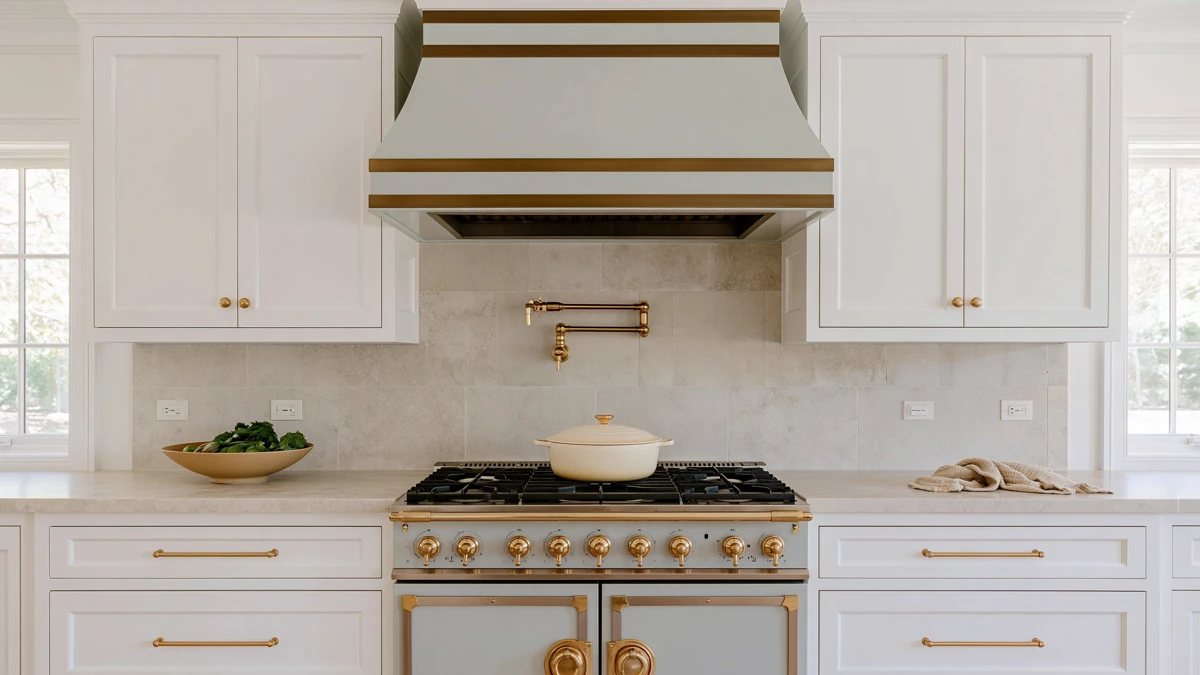 9 Blue and White Kitchen Remodel Ideas with Cozy Gold Accents 1 Blue-gray range with gold details, white shaker cabinets, pale stone backsplash, brass pot filler, and matching custom hood in a bright remodeled kitchen.